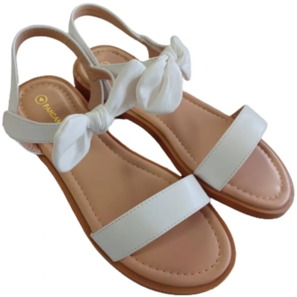 PANDANINJA Ella Girls Size 4 White Bow Dressy Neutral Spring Summer Sandal Shoes
